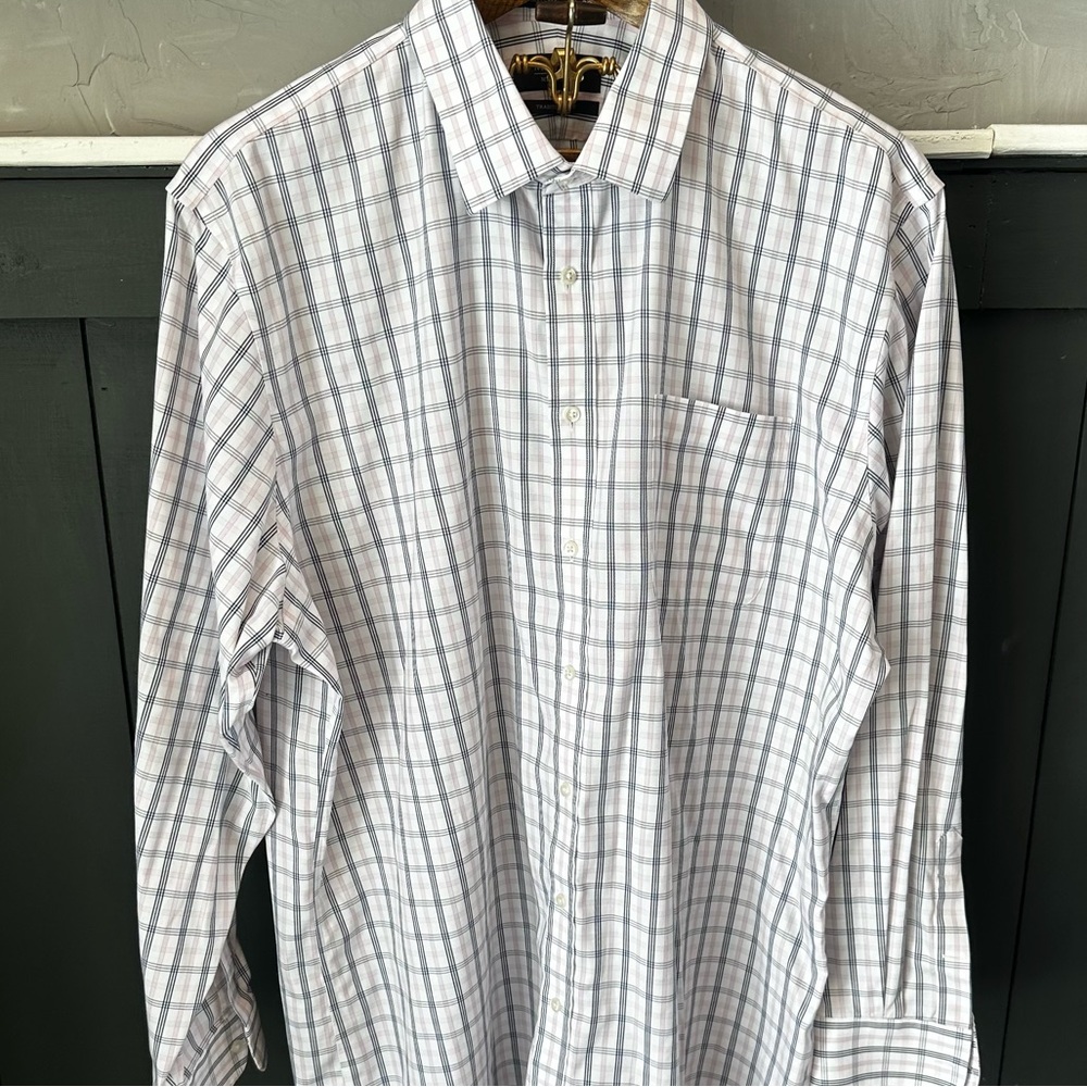 Nordstrom Smartcare Plaid Dress Shirt Size 17.5 36 Pink Black White Wrinkle Free